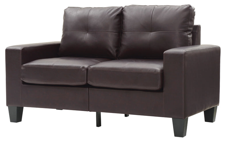 Glory Furniture Newbury track arm loveseat in cozy living space, stationary design with plush cushions and fabric upholstery.