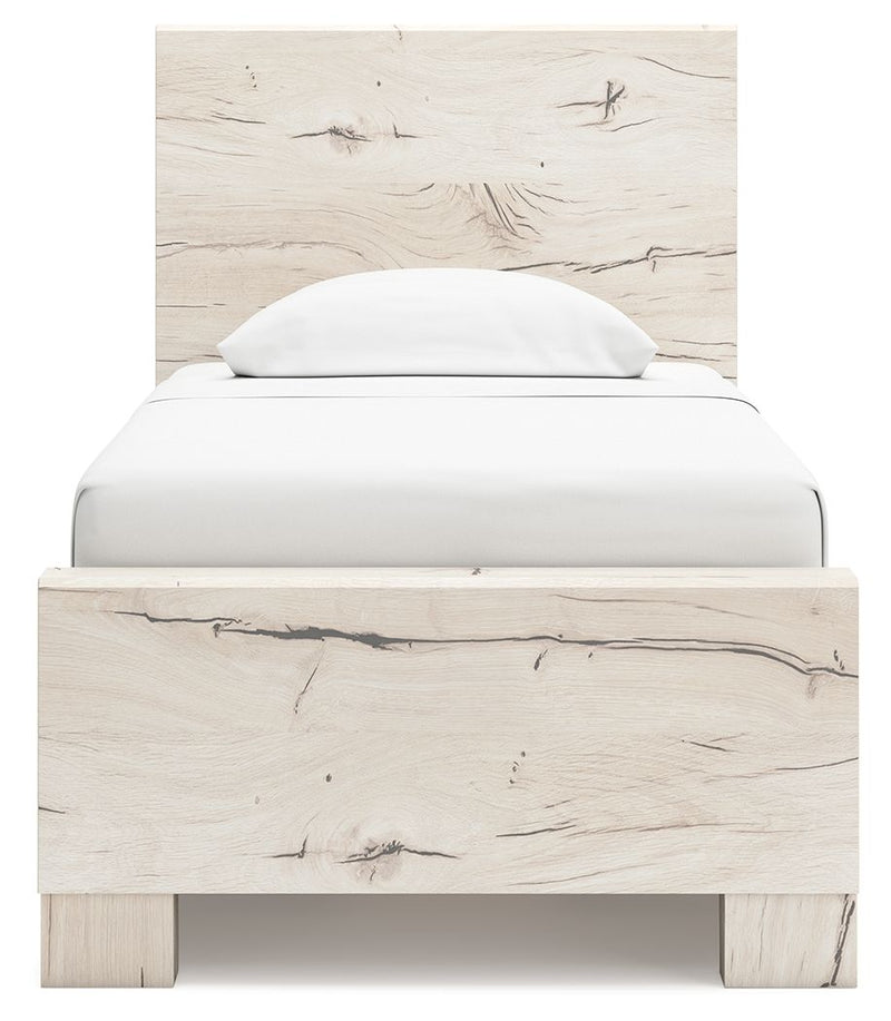 Signature Design by Ashley Lawroy panel bed with built-in storage drawers and a modern wood finish.