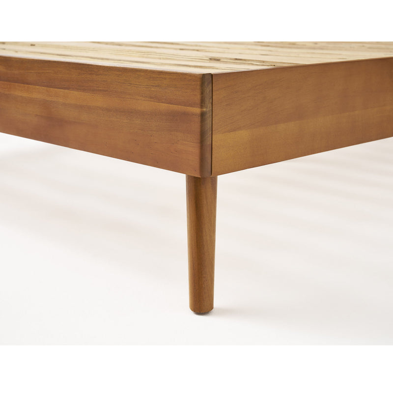Noble House Okioki mid-century natural stained solid acacia wood platform bed shown in a modern bedroom setting.