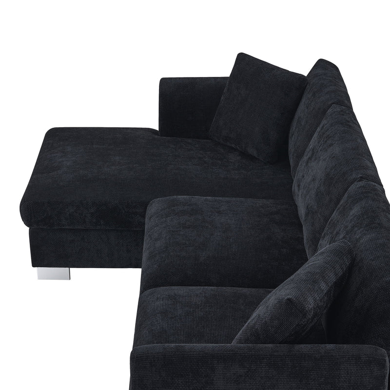 Luxe & Co. modern cloud L-shaped sectional sofa with oversized chaise, includes two decorative pillows, four-seat stationary couch.