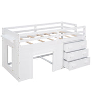 DreamHaus loft bed with integrated cabinet and shelf, featuring a sturdy wooden frame and space-saving design.