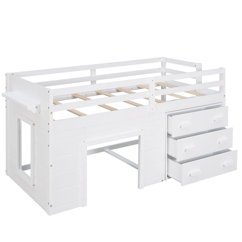 DreamHaus loft bed with integrated cabinet and shelf, featuring a sturdy wooden frame and space-saving design.