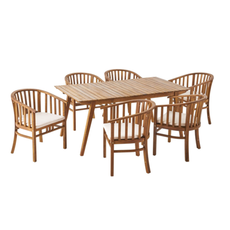 Noble House outdoor 6 seater dining set with cream cushions, includes six chairs and a matching table, ideal for patio dining.