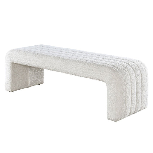 Beige boucle upholstered bench by ACME Sandro - stylish and comfortable seating with plush fabric and modern design.