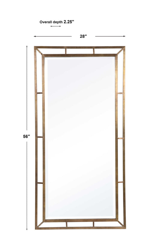 Farrow Copper Industrial Mirror by Uttermost, gold wall mirror with a round, vintage-inspired design and metal frame.
