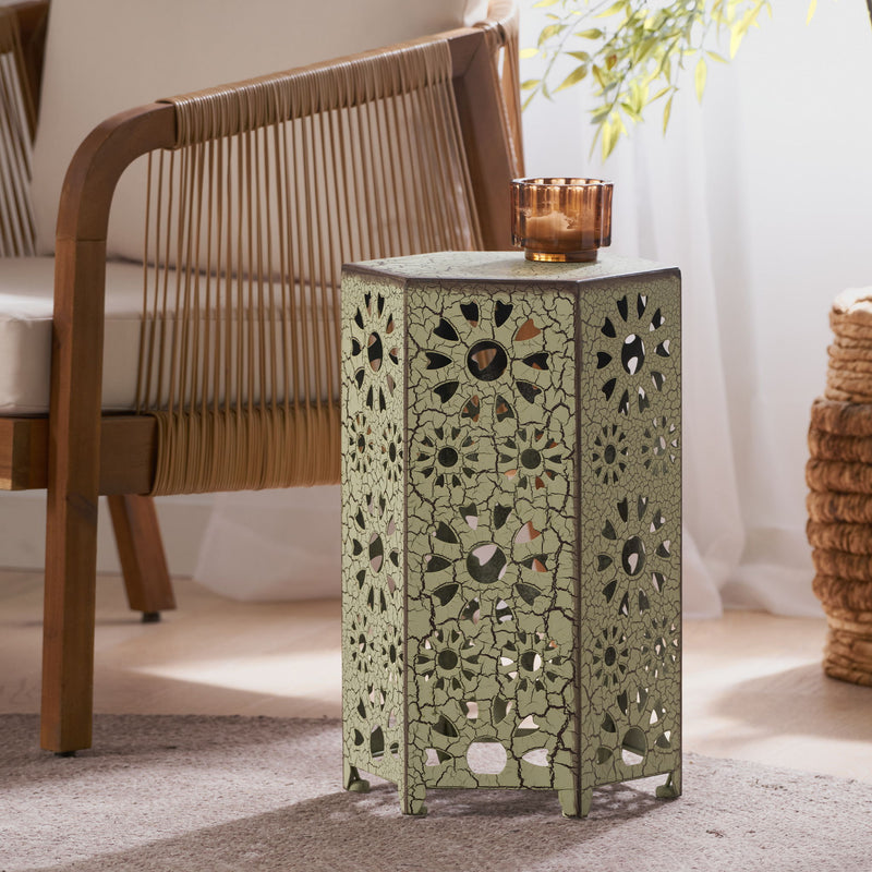 Noble House Eliana side table with wooden surface and black metal legs, modern accent piece for living room or bedroom.