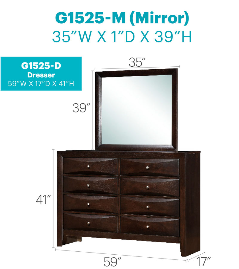 Glory Furniture Marilla dresser featuring multiple drawers and a sleek wooden finish for stylish bedroom storage.
