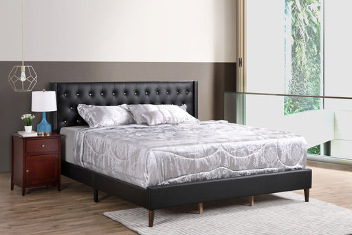 Contemporary upholstered bed by Glory Furniture in a spacious bedroom, featuring plush fabric and modern design.