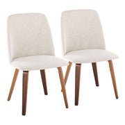 Pair of Lumi Source mid-century modern dining chairs with solid wood legs, in natural/cream or walnut/beige upholstery.