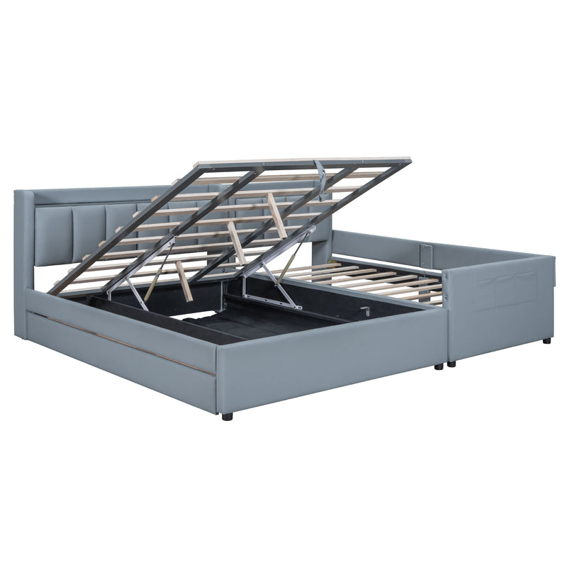 Upholstered Mother & Child Bed With Hydraulic Storage System, Drawer Box, Bedhead Storage Shelf And 2 Pairs Of Sockets & USB Ports - R&R Furniture Gallery (Fountain Valley, CA)