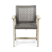 Set of two outdoor dining chairs with acacia wood frames by Noble House, featuring slatted seats and backrests for patio comfort.