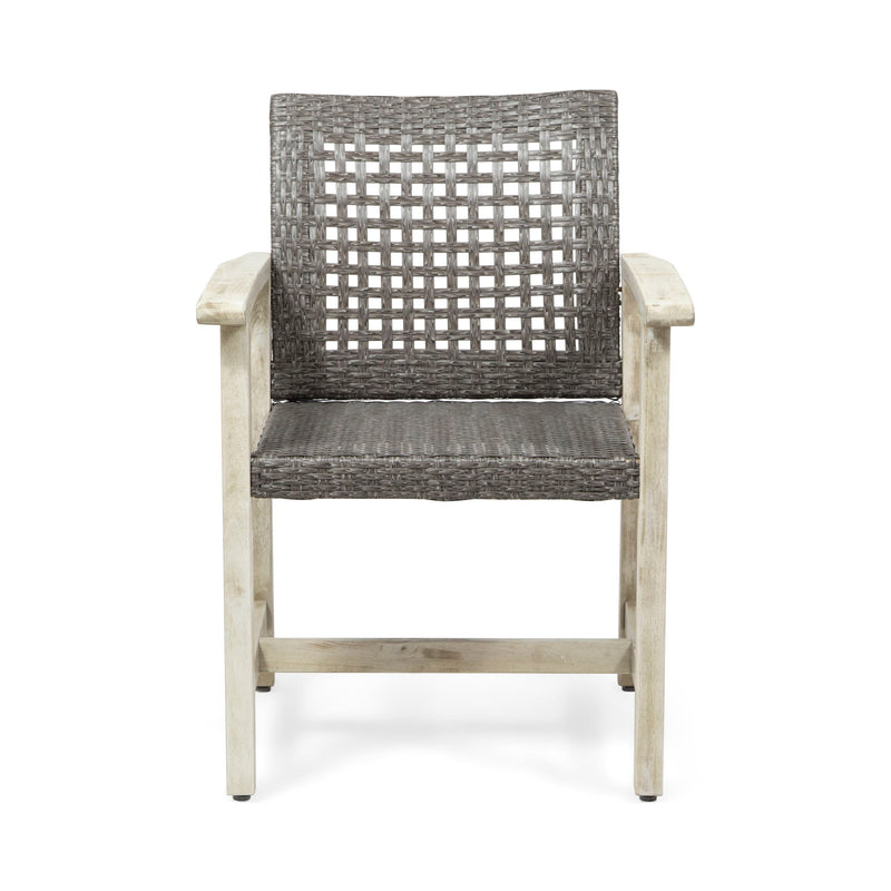 Set of two outdoor dining chairs with acacia wood frames by Noble House, featuring slatted seats and backrests for patio comfort.