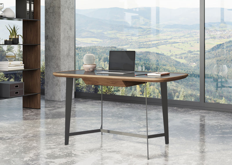 Girard - Modern Walnut & Black Glass Desk — view 5