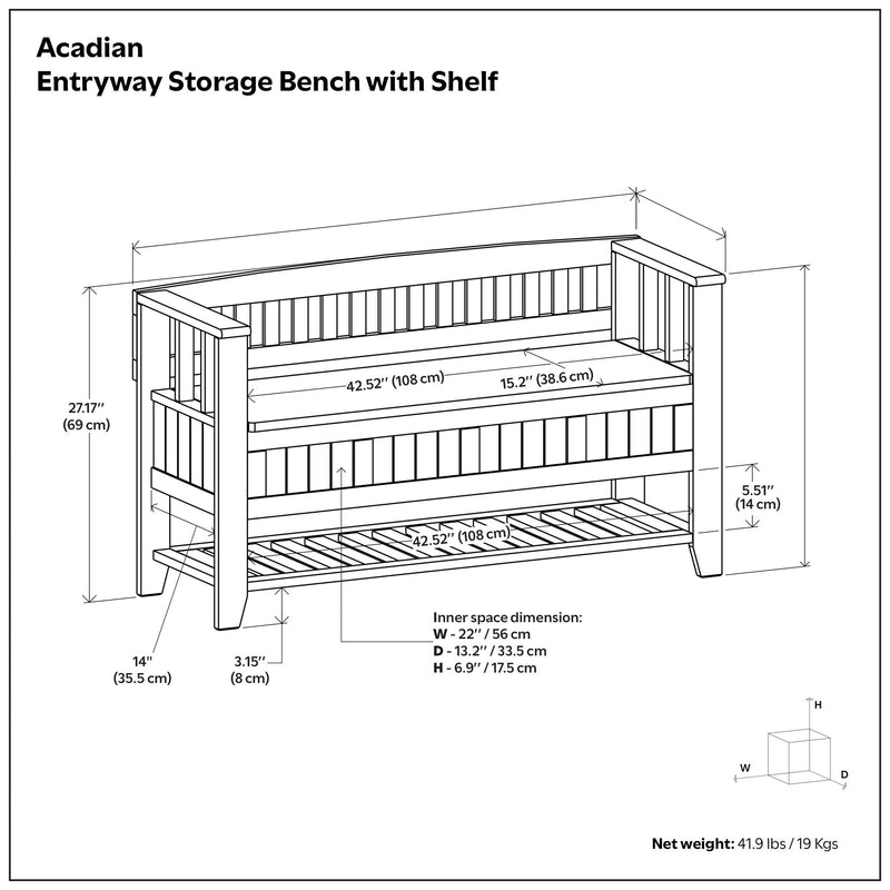 Brown Simpli-Home Acadian entryway storage bench with built-in shelf and cushioned seat, ideal for organizing shoes and accessories.