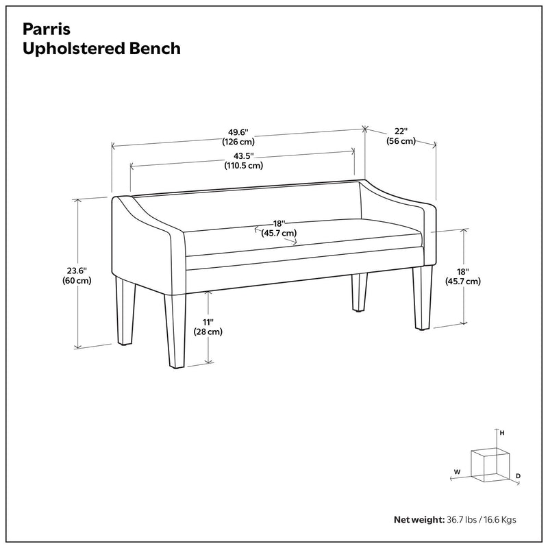 Contemporary upholstered bench by Simpli-Home with cushioned seat and wooden legs, perfect for entryways or living rooms.