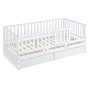 DreamHaus storage daybed with fence guardrails, two drawers, convertible into a floor bed for versatile sleeping and storage.