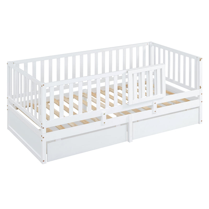 DreamHaus storage daybed with fence guardrails, two drawers, convertible into a floor bed for versatile sleeping and storage.