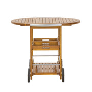 Noble House outdoor teak bar cart with foldable tabletop and removable trays, featuring storage shelves and wheels for easy mobility.