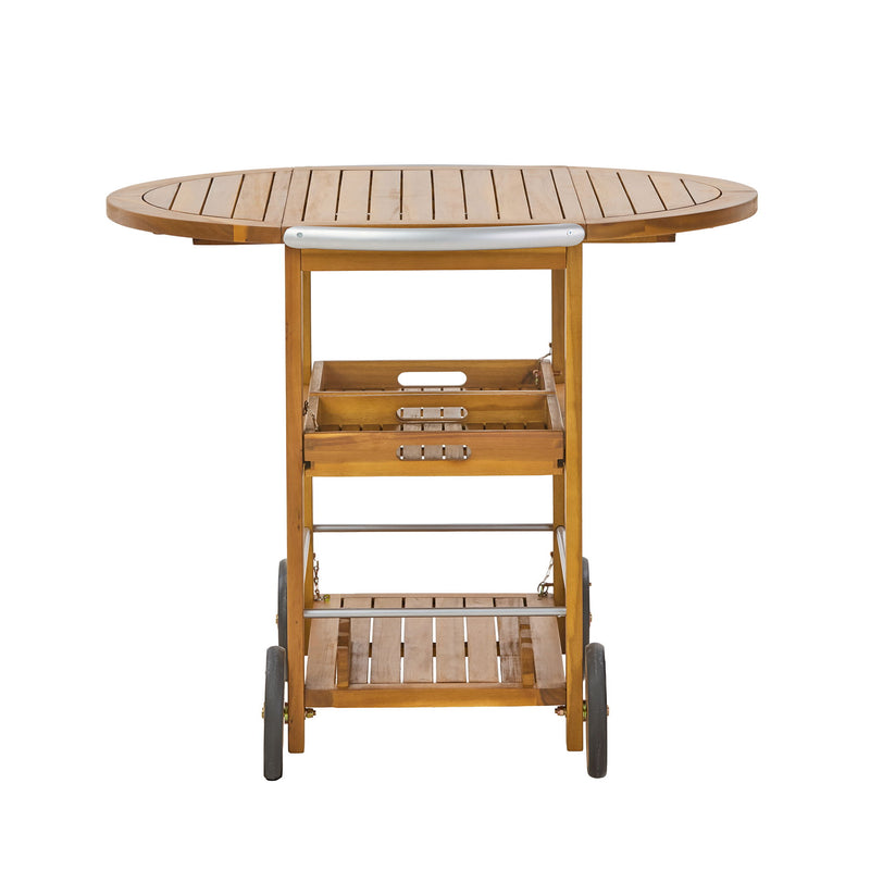Noble House outdoor teak bar cart with foldable tabletop and removable trays, featuring storage shelves and wheels for easy mobility.