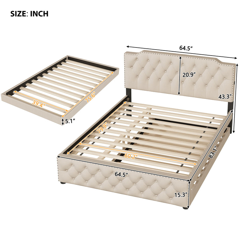 Upholstered Platform Bed With Trundle And 2 Sets Of USB Ports On Each Side, Fabric - R&R Furniture Gallery (Fountain Valley, CA)