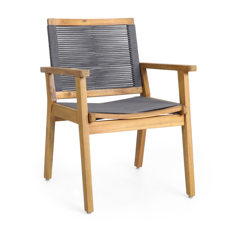 Set of two Noble House outdoor rope dining chairs with woven seats and metal frames, perfect for patio or garden dining areas.