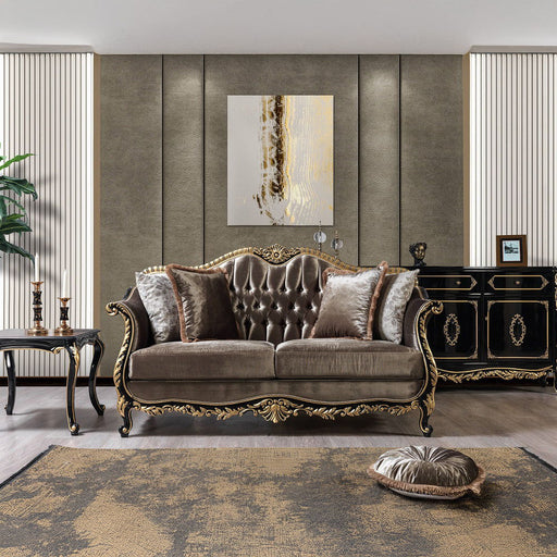Betria - Loveseat With 4 Pillows - Light Green Velvet, Gold & Black High Gloss - R&R Furniture Gallery (Fountain Valley, CA)