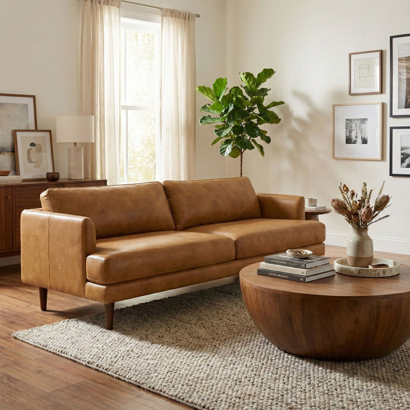 Livingston upholstered stationary sofa by Simpli-Home with plush fabric and cushioned armrests in a modern living room setting.