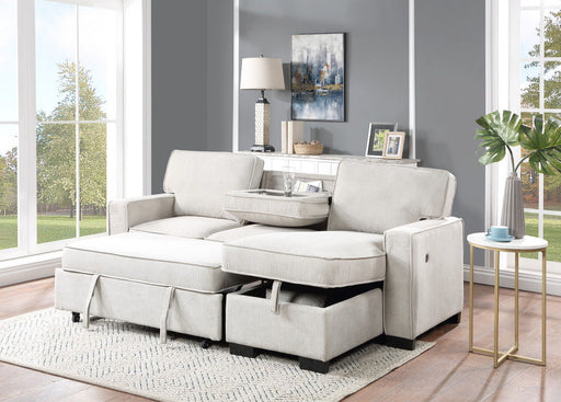 Estelle - Fabric Reversible Sleeper Sectional With Storage Chaise Drop-Down Table 2 Cup Holders And 2 USB Ports - R&R Furniture Gallery (Fountain Valley, CA)