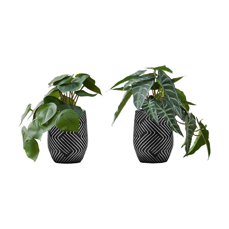 Set of 2 artificial Alocasia plants with large green leaves, featuring realistic details, from 8th Street.