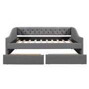 DreamHaus upholstered storage daybed with two drawers and wood slat support, showcasing a cozy, modern design and fabric upholstery.