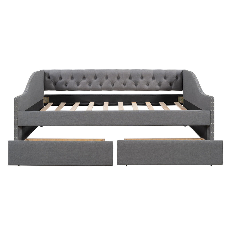 DreamHaus upholstered storage daybed with two drawers and wood slat support, showcasing a cozy, modern design and fabric upholstery.