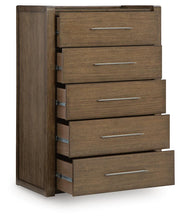 Benchcraft® Marxmore five drawer brown accent chest with sleek design and metal handles, showcasing its spacious storage drawers.