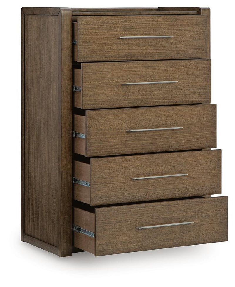 Benchcraft® Marxmore five drawer brown accent chest with sleek design and metal handles, showcasing its spacious storage drawers.