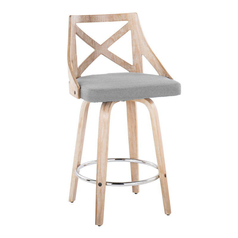Lumi Source Charlotte farmhouse fixed height counter stools with swivel, round footrest, set of 2, featuring wooden seats and black metal frames.