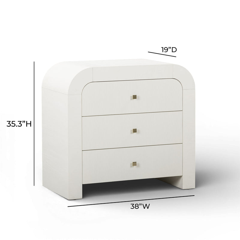TOV Furniture Hump bedside chest with modern design, wood finish, and metal handles, ideal for bedroom storage.