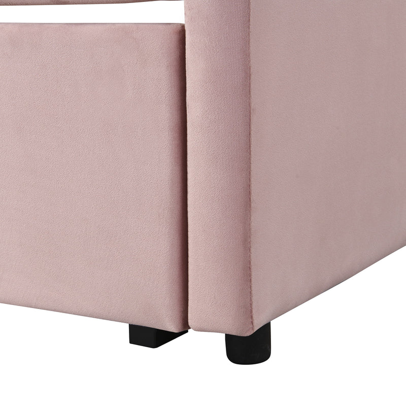 Twin size upholstered daybed with pop-up trundle bed from Halcyon Home, featuring a cushioned headboard and wooden frame.