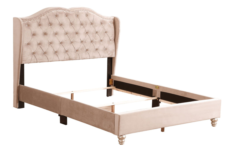 Transitional upholstered bed by Glory Furniture with plush fabric and a padded headboard, showcasing modern bedroom style.