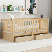 DreamHaus storage daybed with fence guardrails, two drawers, and convertible design for independent floor bed and daybed use.