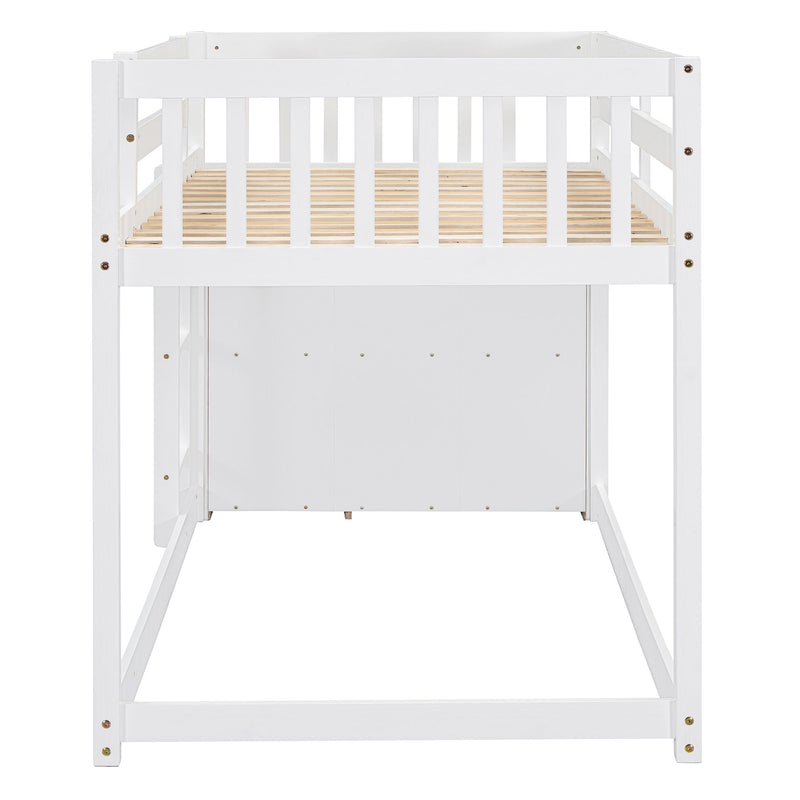DreamHaus bunk bed with four drawers and three shelves, featuring a sturdy frame, ideal for space-saving bedroom organization.
