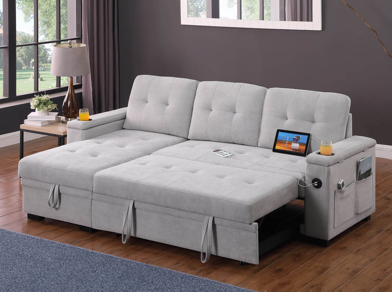 Ashlyn II - 84"W Woven Fabric Reversible Sleeper Sectional Sofa with Storage Chaise - R&R Furniture Gallery (Fountain Valley, CA)