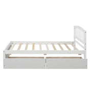 DreamHaus platform storage bed with wooden frame, two drawers, and headboard, showcasing its functional design and sturdy construction.