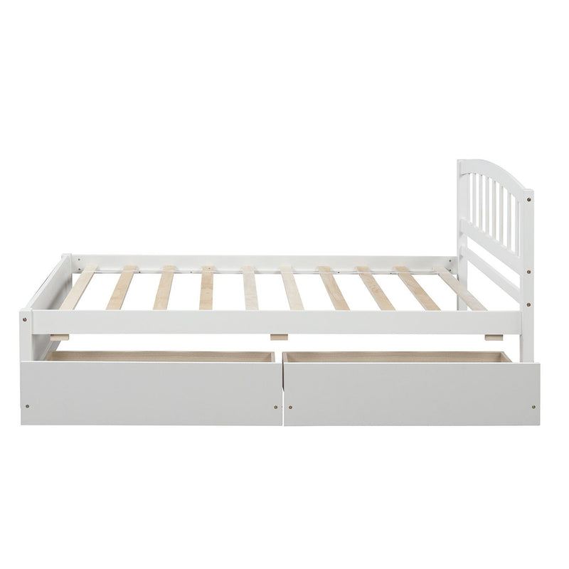 DreamHaus platform storage bed with wooden frame, two drawers, and headboard, showcasing its functional design and sturdy construction.