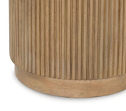 Round Camdill coffee table by Signature Design Ashley in light brown and white wood finish, featuring a modern and stylish design.