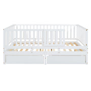 DreamHaus storage daybed with fence guardrails, two drawers, and convertible design for independent floor bed and daybed use.