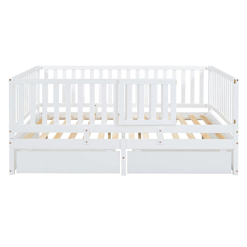 DreamHaus storage daybed with fence guardrails, two drawers, and convertible design for independent floor bed and daybed use.
