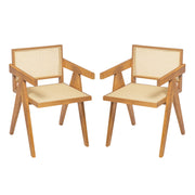 Set of 2 Noble House Chandigarh arm dining chairs with natural cane backrests and wooden frames, showcasing elegant, modern design.