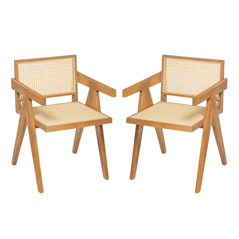 Set of 2 Noble House Chandigarh arm dining chairs with natural cane backrests and wooden frames, showcasing elegant, modern design.