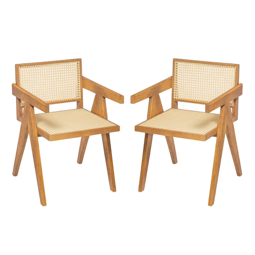 Set of 2 Noble House Chandigarh arm dining chairs with natural cane backrests and wooden frames, showcasing elegant, modern design.