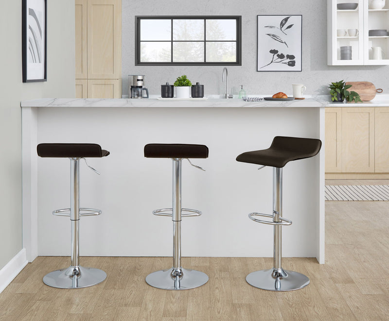 Pair of Lumi Source Ale contemporary adjustable barstools with sleek modern design and wooden seats, set of two.
