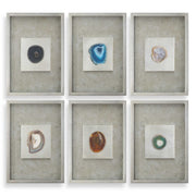 Set of six silver agate stone wall art pieces by Uttermost, featuring natural agate patterns and metallic silver finishes.